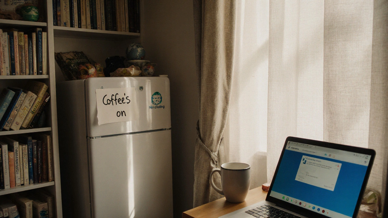 A cozy London apartment interior with books, a mug, and morning light—no people.