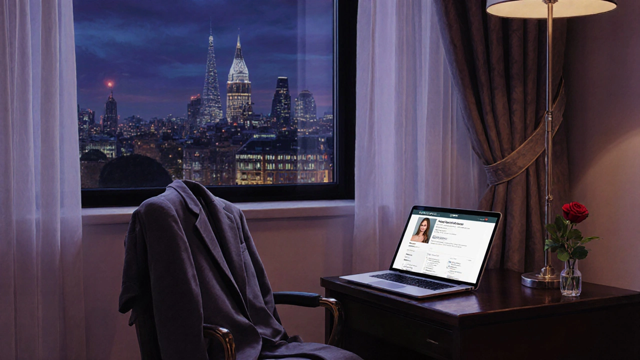A discreet hotel room in Mayfair with a profile on laptop and a rose on the nightstand.