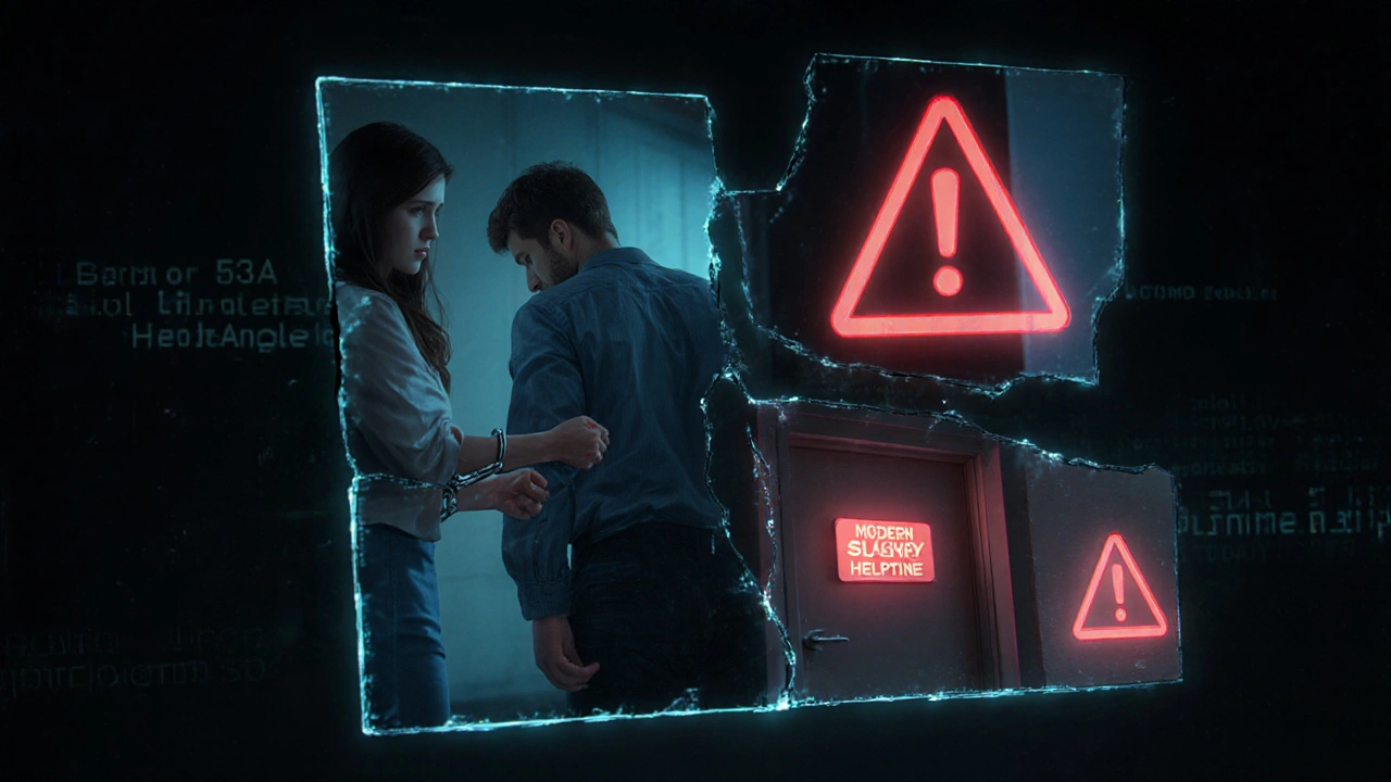 A fractured digital screen shows symbols of exploitation, warning signs, and a helpline number in a dark, surreal composition.