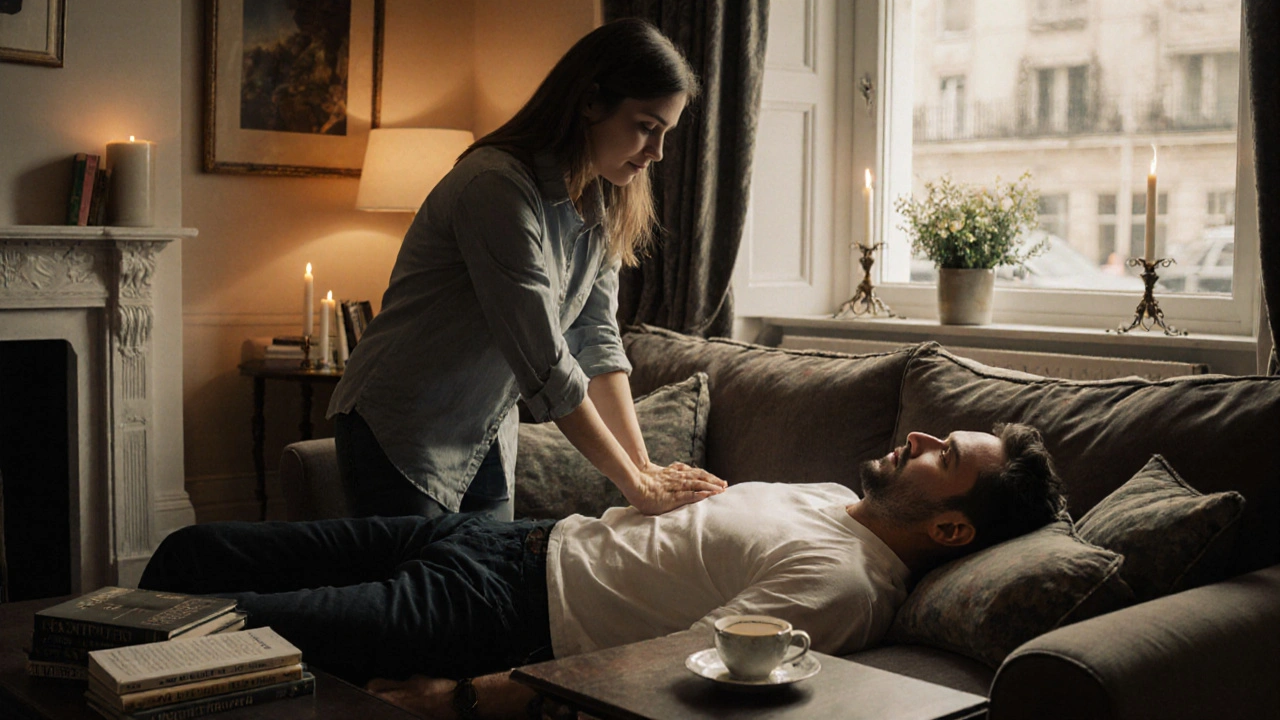 A gentle massage is being given in a calm, well-lit living room with candles and tea nearby.