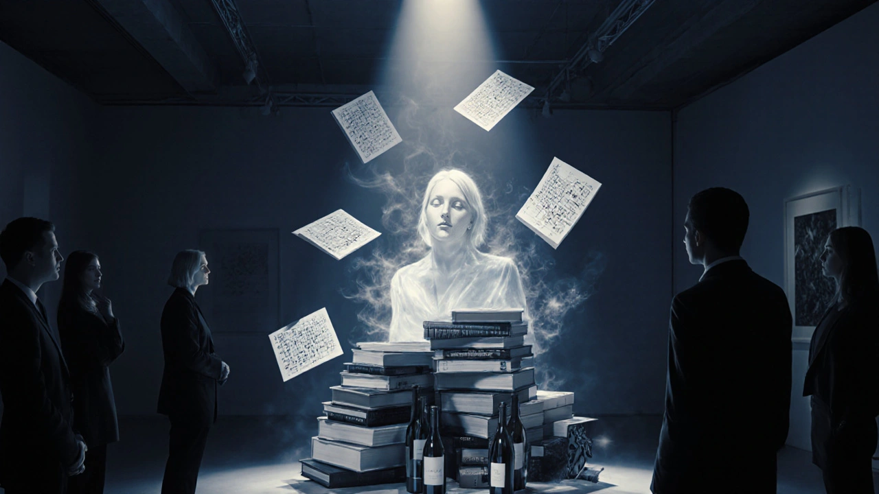 A glowing figure made of books and music emerges from cultural artifacts in a quiet gallery, symbolizing intellectual companionship.