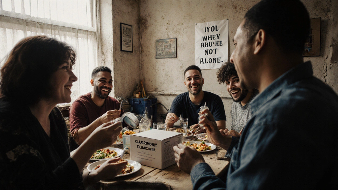 A group of sex workers sharing a meal and free supplies in a supportive community space.