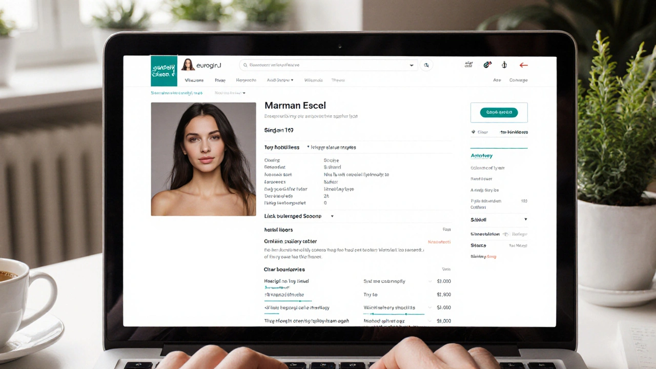A laptop displaying a verified escort profile with hobbies and boundaries, person preparing to send a message.