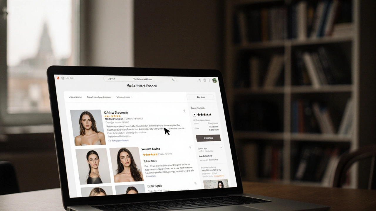 A laptop screen showing verified escort profiles with clear photos and reviews on a London apartment desk.