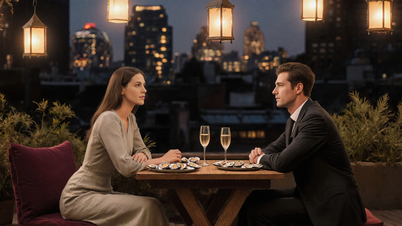 A man and woman share a quiet evening at a rooftop garden in East London, sipping champagne under lantern light.