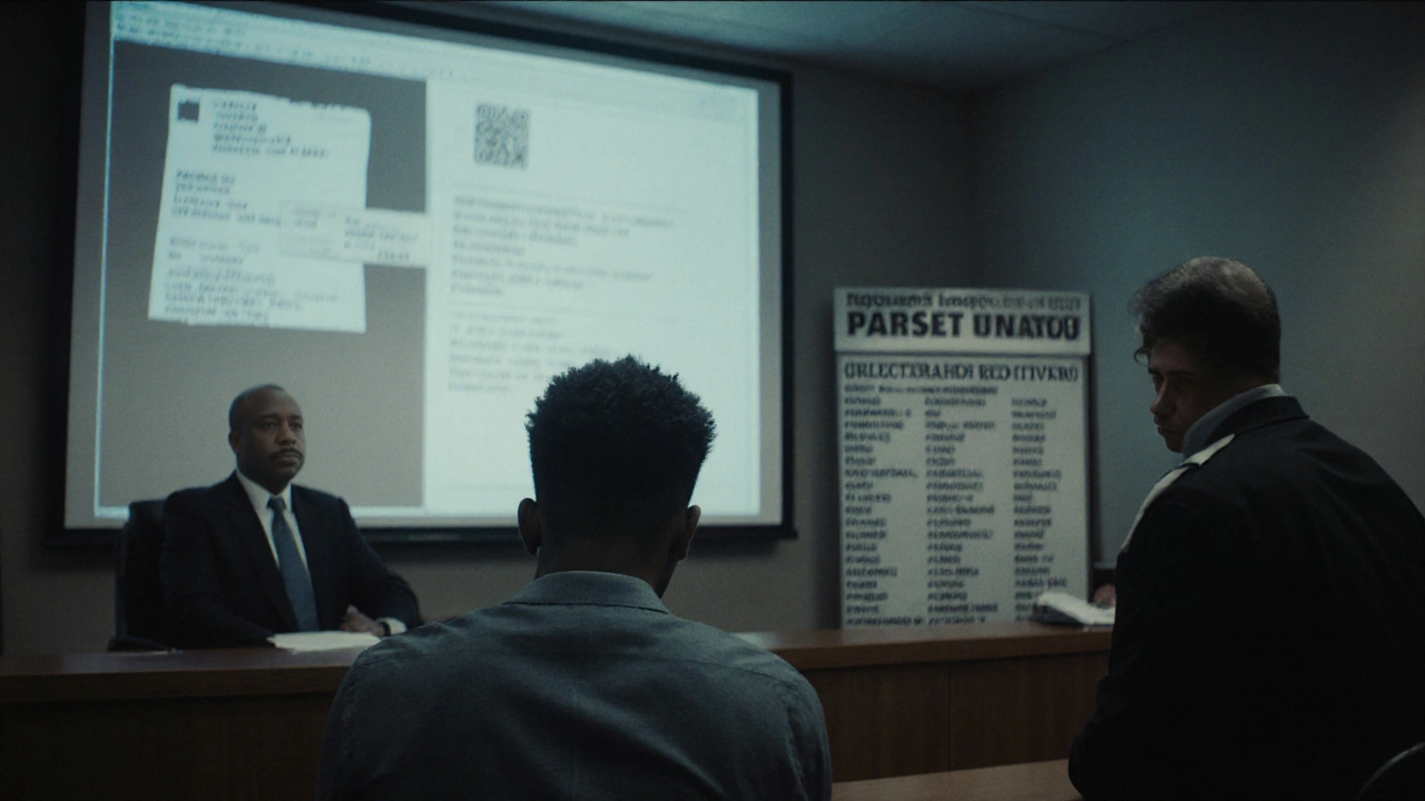 A man sits in court as digital evidence of attempted prostitution is displayed behind him.