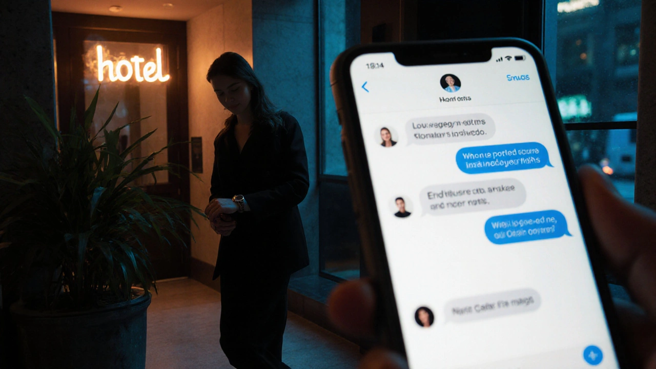 A man waiting in a hotel lobby as a woman approaches, both in silhouette under city lights.