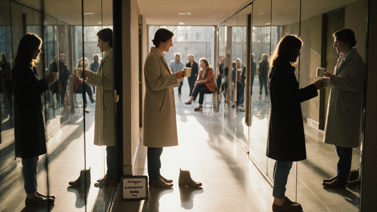 A mirrored hallway with reflections of people receiving quiet comfort from a compassionate figure.