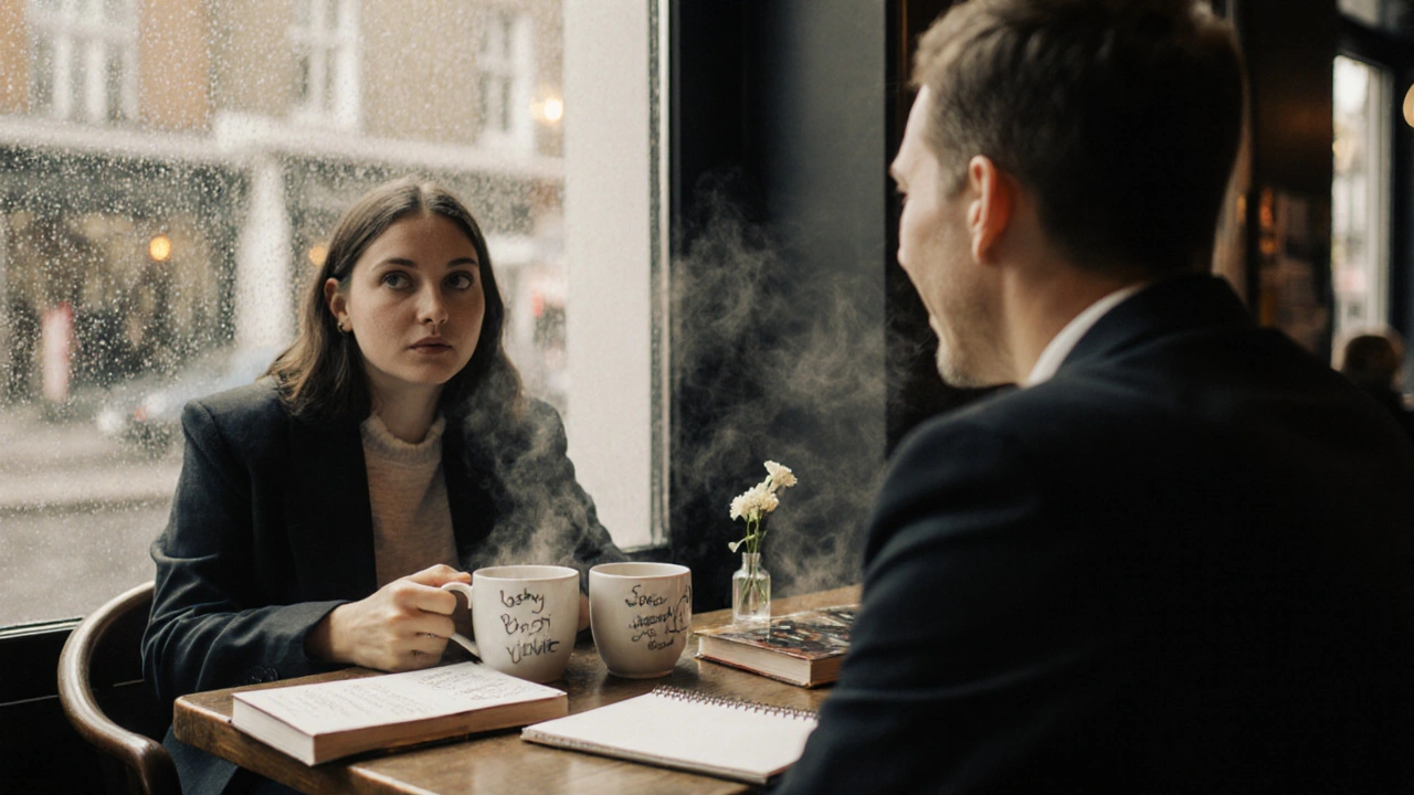 A person and companion talking warmly in a cozy London café during afternoon light.
