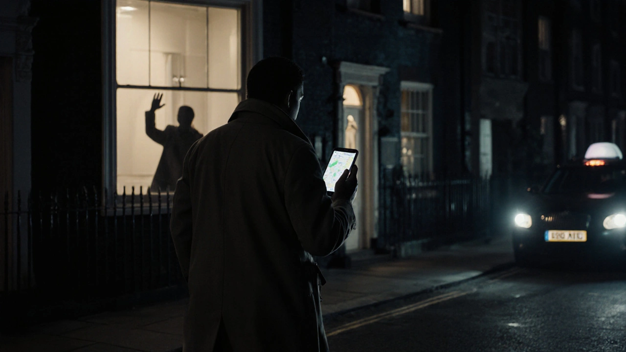 A person leaving a safe escort meeting, walking away calmly under a London night sky with taxi visible.