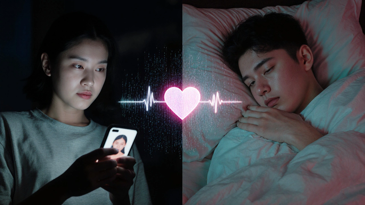 A person scrolling on their phone late at night, lying alone in bed with emotional isolation.