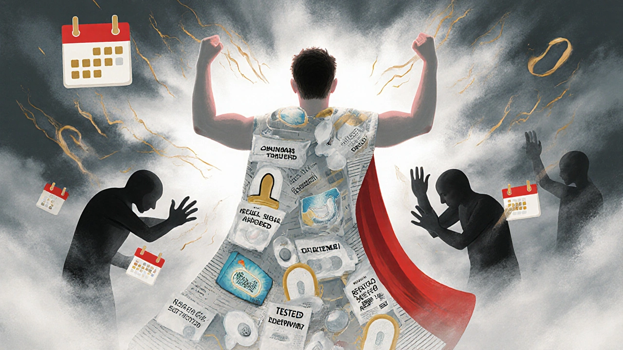 A person standing strong in a storm, protected by a cloak made of safety tools and peer support.