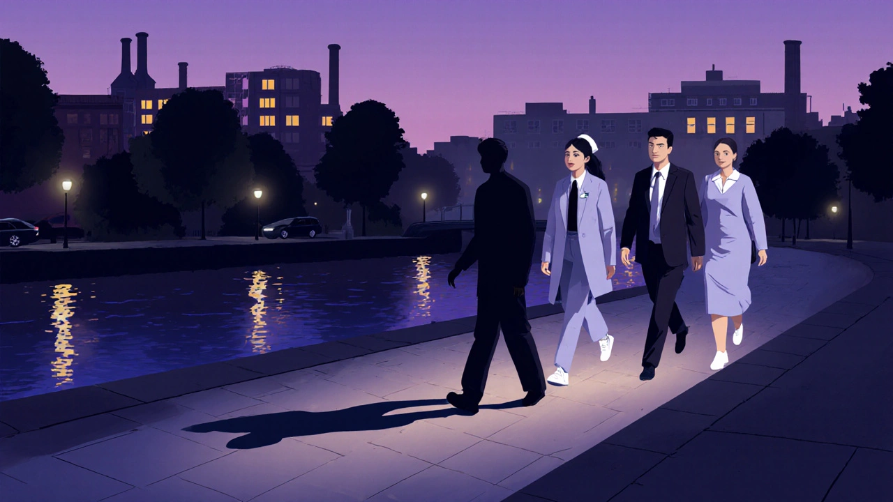 A person walking along a canal at dusk, their shadow transforming into representations of different professional identities.