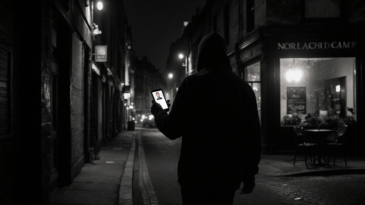 A person walking from a dark alley into a well-lit city street, holding a phone with a profile link.