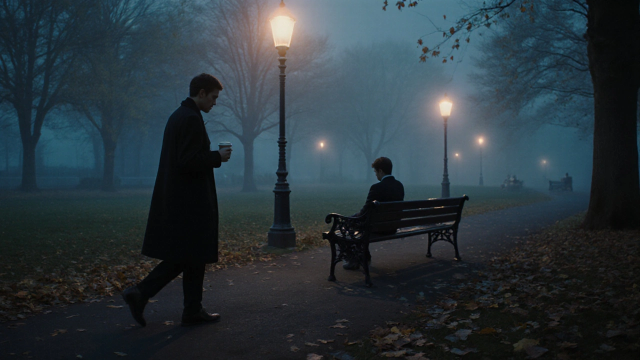 A person walking through Hyde Park at dusk, meeting a client for the first time.