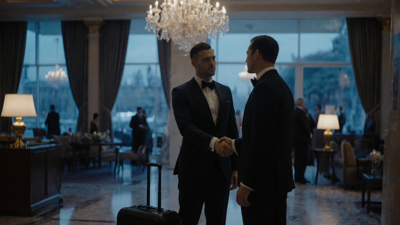A professional escort and client checking into a London hotel lobby at dusk.