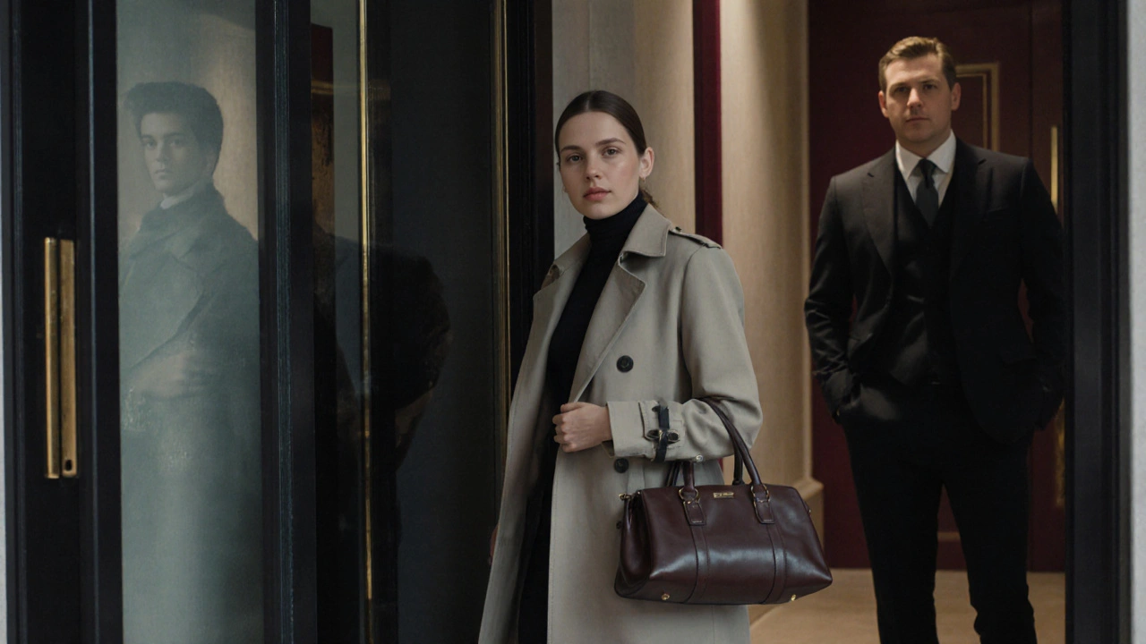 A professional escort leaving a private apartment building, exuding calm discretion in the evening light.