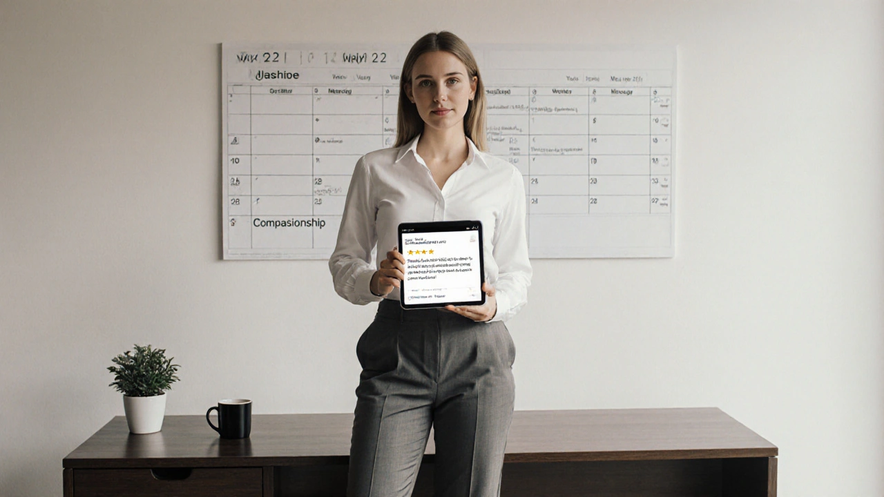 A professional female companion in business-casual attire standing in a clean office with a tablet showing client reviews and a scheduled calendar.