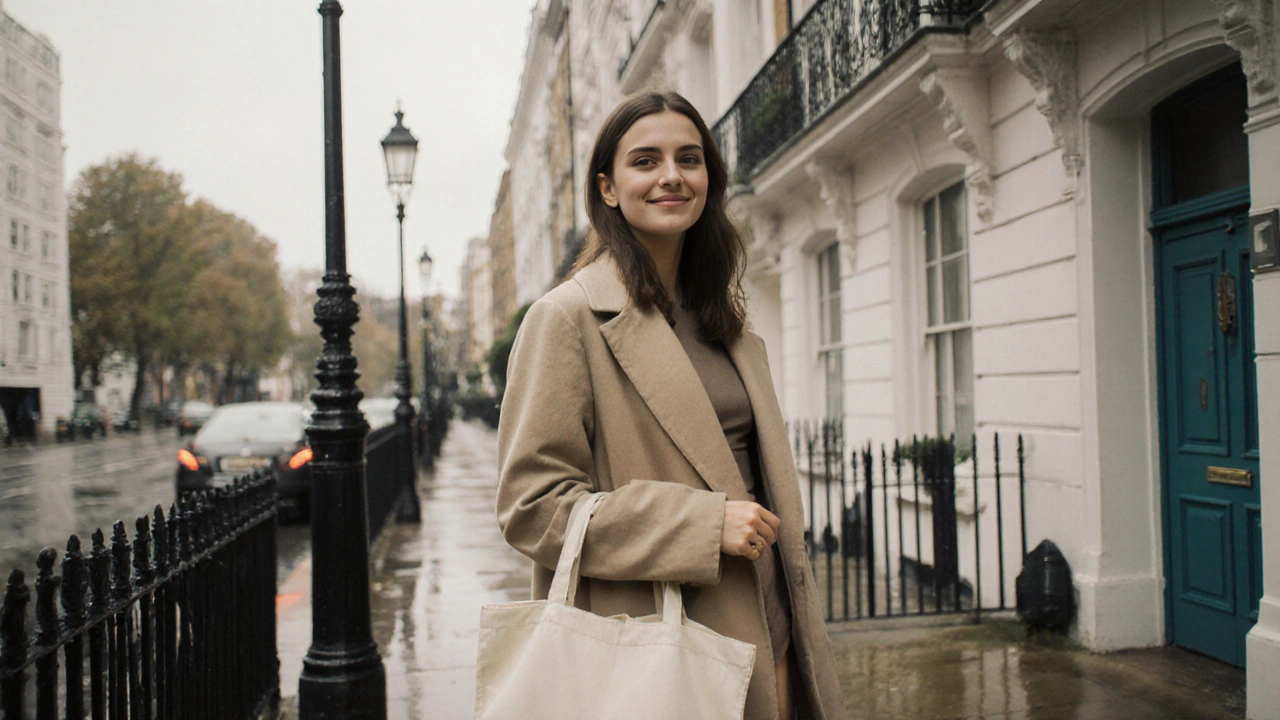 A professional independent escort standing confidently outside a London apartment building, natural and composed.