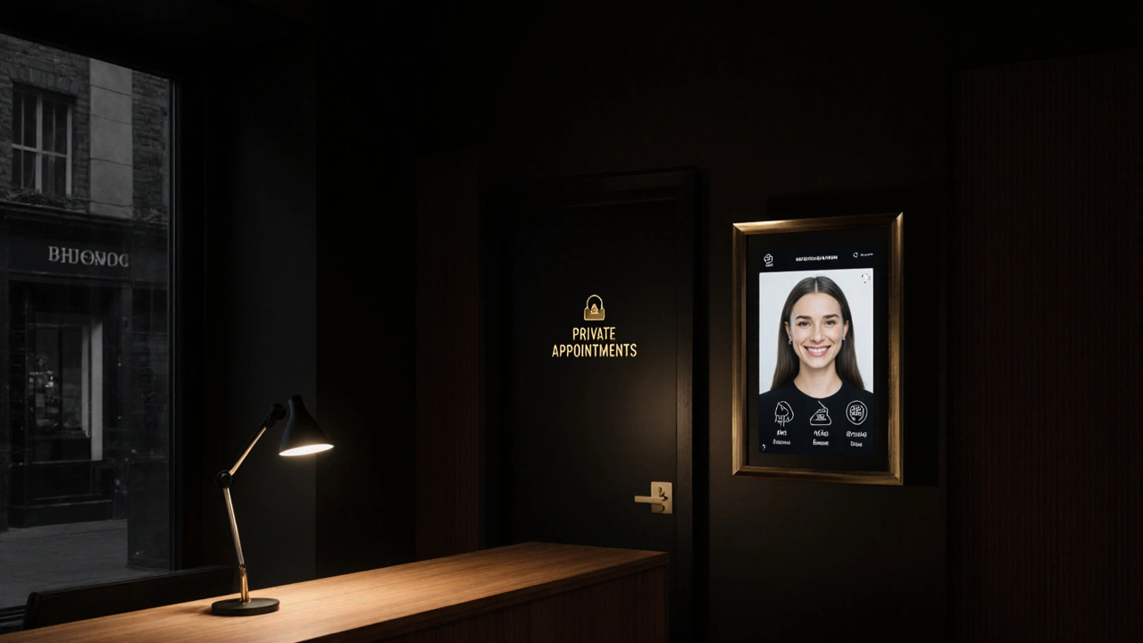 A professional London escort agency office with discreet branding and a blurred profile on a screen.