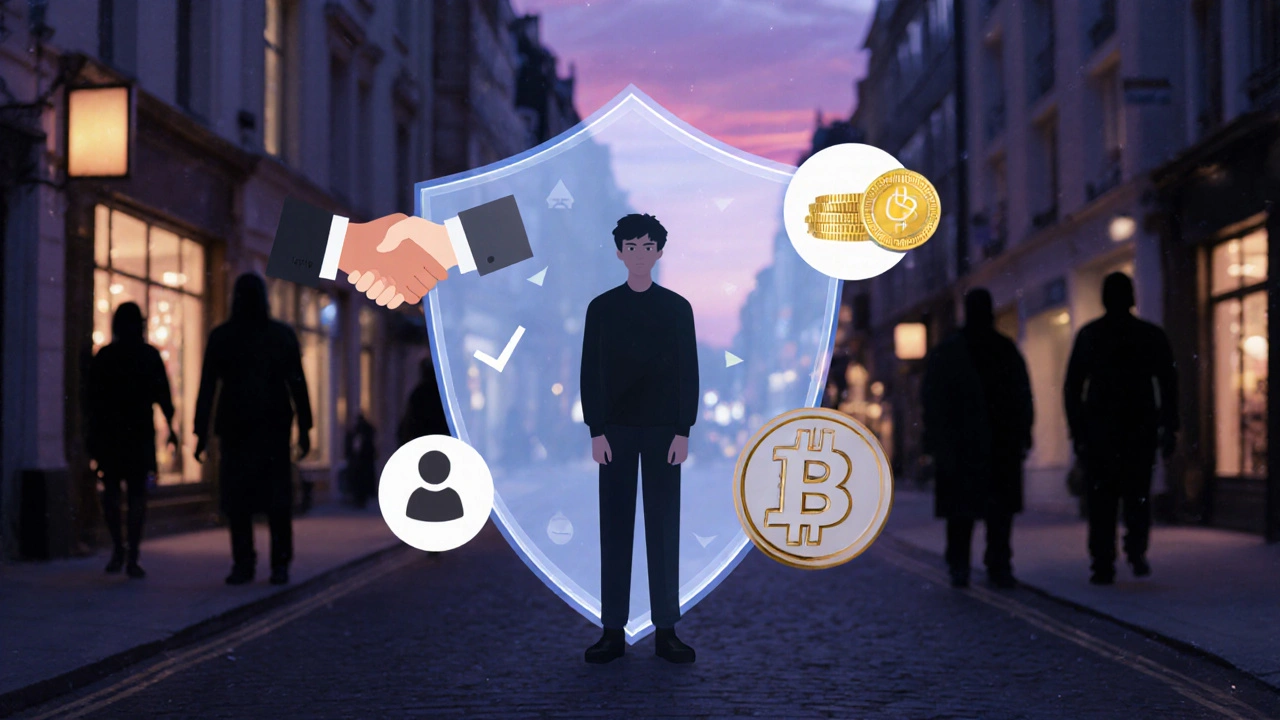 A protective shield symbolizing safety and verification, with trusted elements surrounding a person while scams fade away.