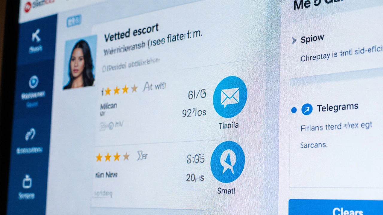 A secure online platform display showing verified profiles, encrypted messaging icons, and clear service pricing.