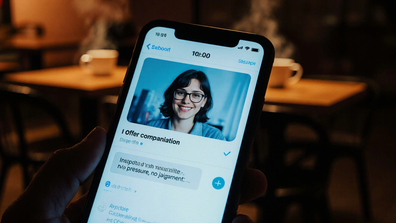 A smartphone screen showing a secure messaging app with a compassionate companion&#039;s profile in a cozy coffee shop setting.