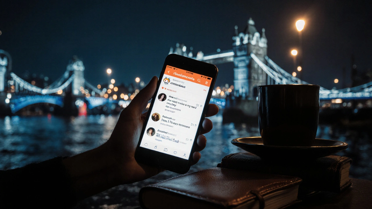 A smartphone showing a Reddit review thread, reflected in a coffee cup and journal.