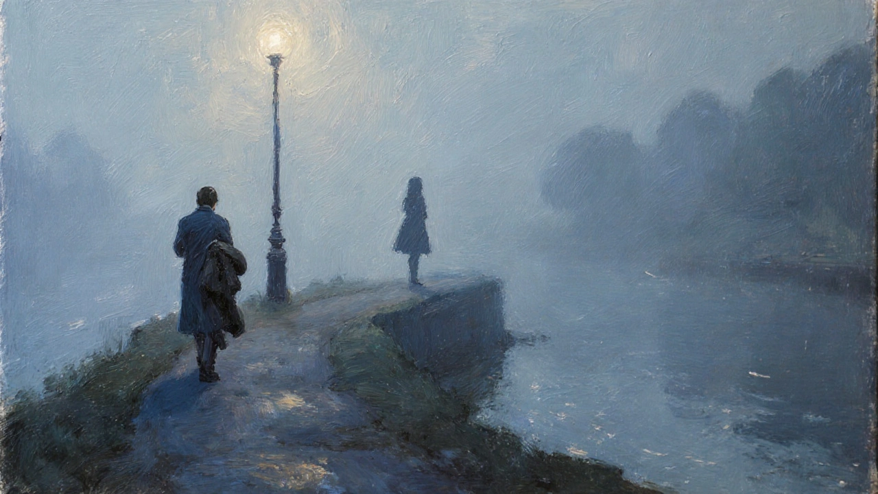 A solitary figure walks at dawn beside a river, with a distant silhouette suggesting unspoken connection.