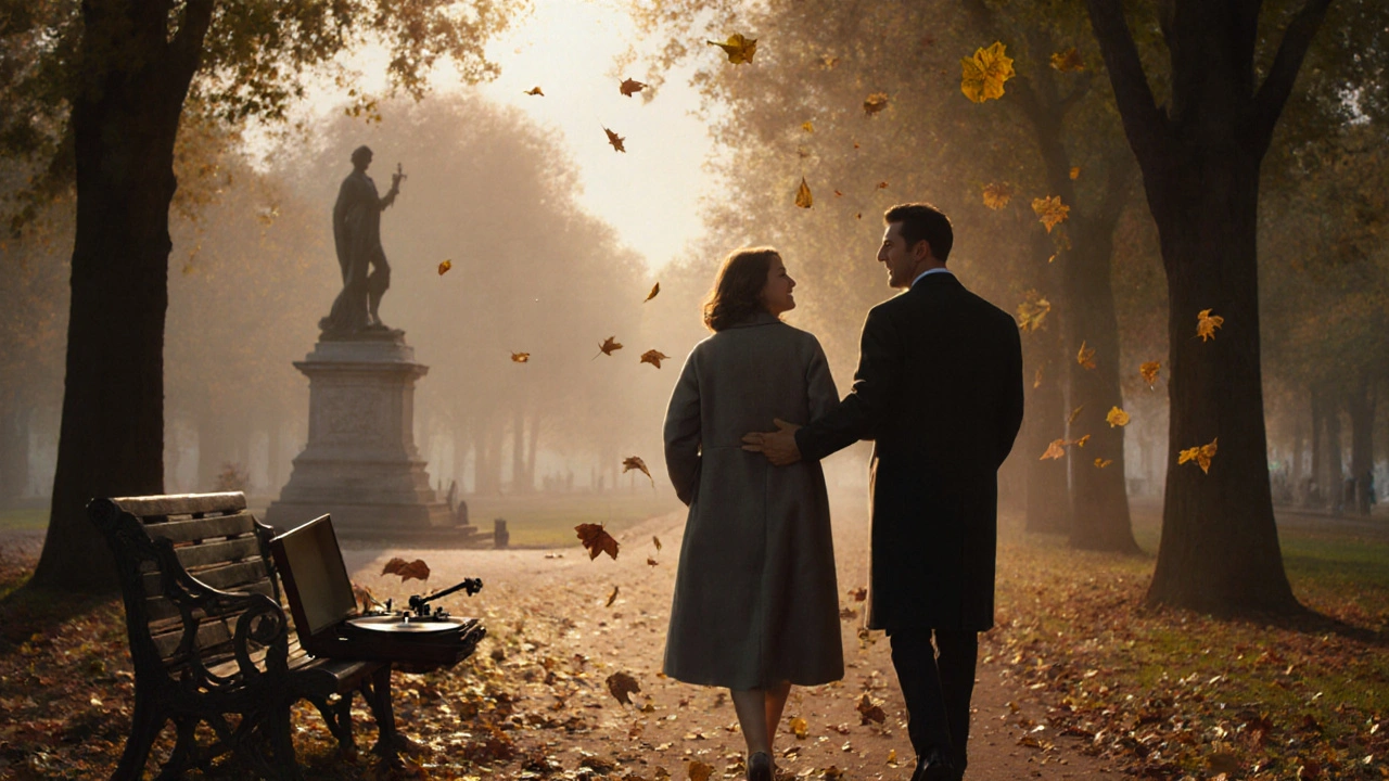 A well-dressed couple walking peacefully through Hyde Park at golden hour, surrounded by autumn leaves.
