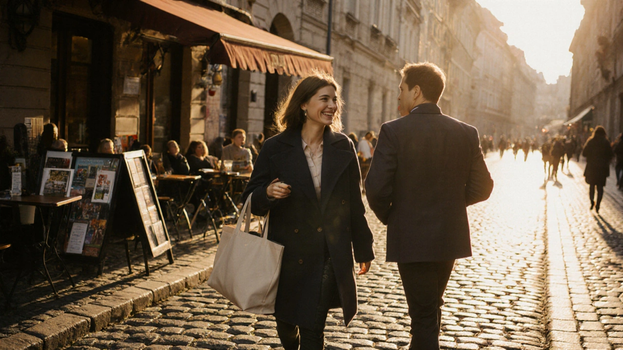 A woman and client walking together through a European city street at sunset, enjoying companionship.