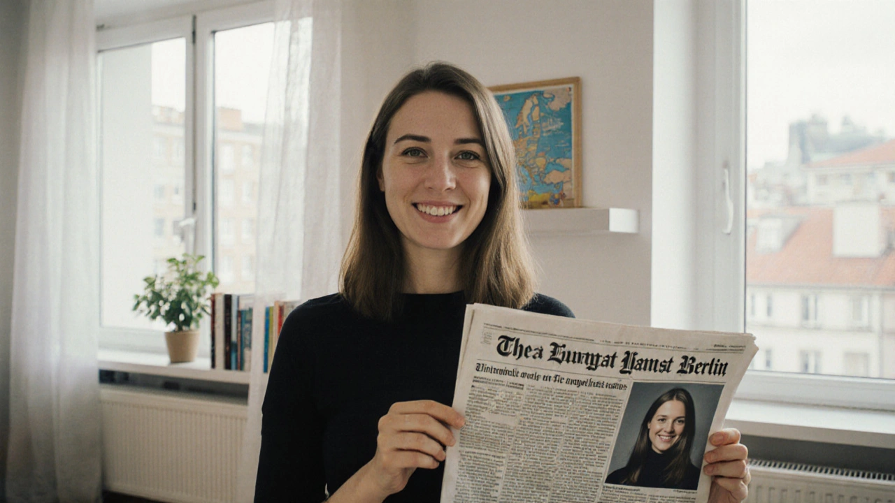 A woman holding a photo beside today’s newspaper in a clean, modern Berlin apartment, conveying authenticity.