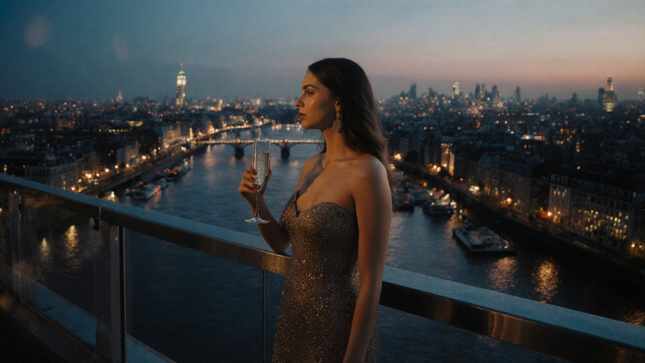 A woman standing alone on a London rooftop at dusk, gazing at the city lights with a sense of peace.