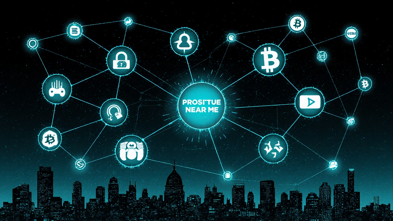 Abstract digital network of apps, crypto payments, and location data glowing over London&#039;s skyline.