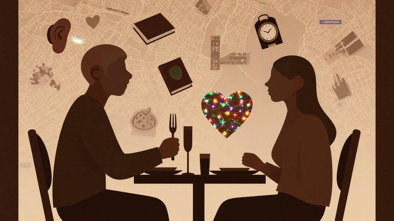 Abstract illustration of two figures sharing a meal in Camden, surrounded by symbols of connection and city lights.