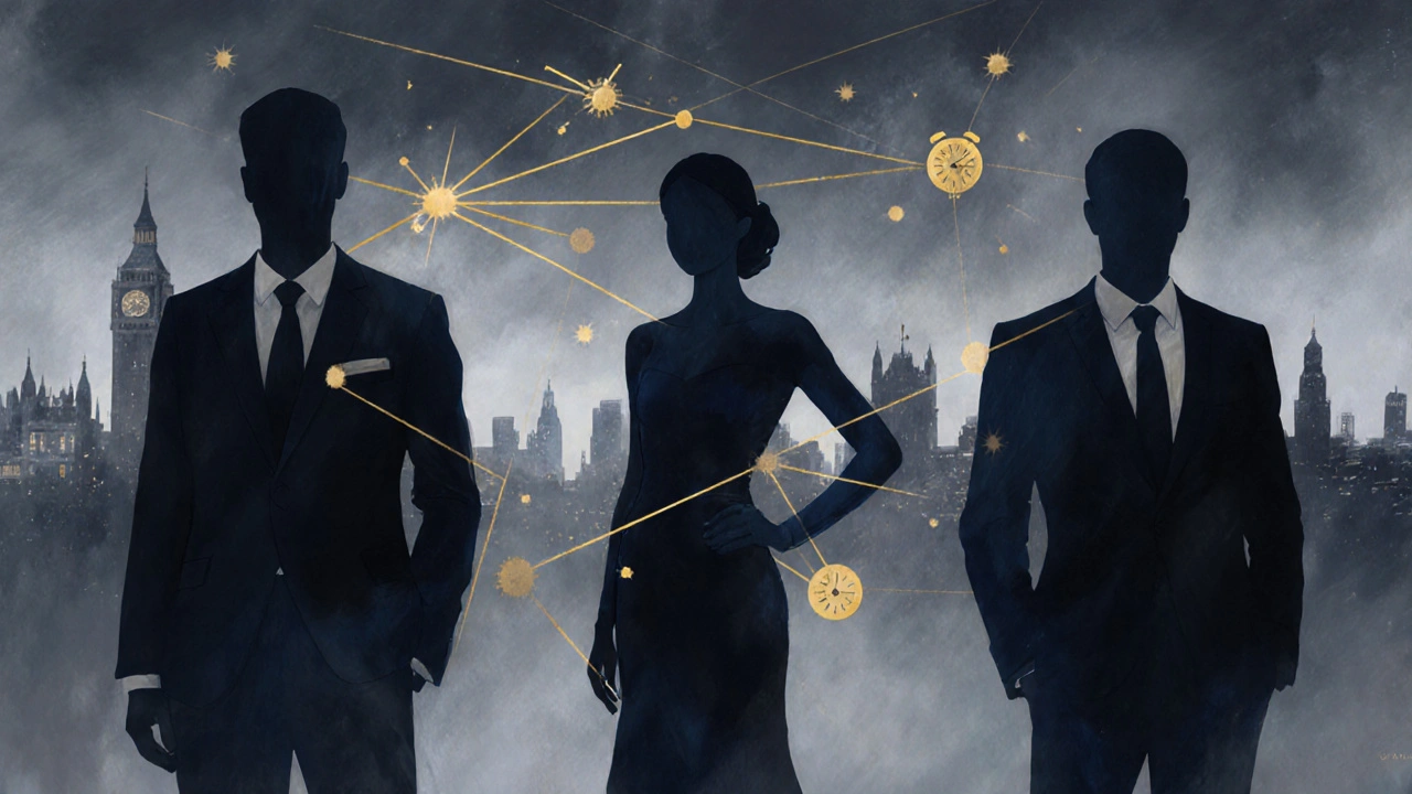 Abstract representation of trust and connection between a client and escort in a misty London night.