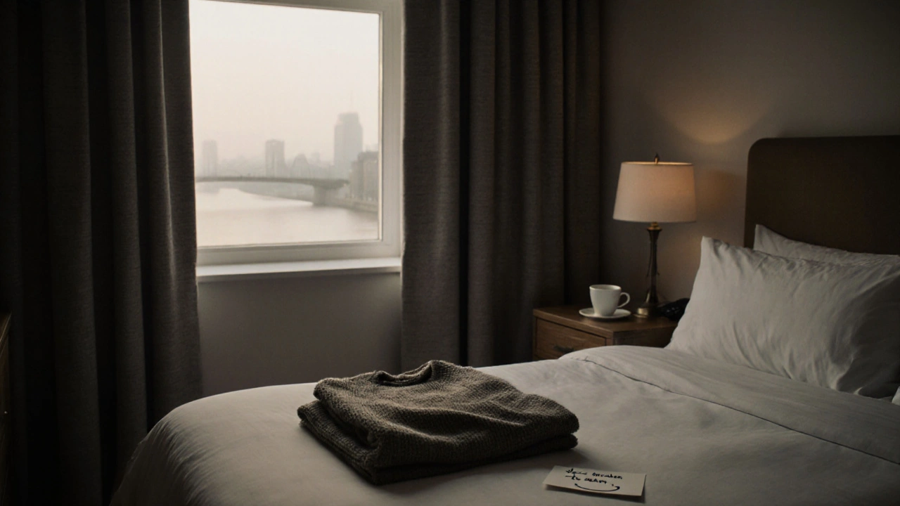 An empty hotel room at dawn with a teacup and note, suggesting a peaceful afternoo.