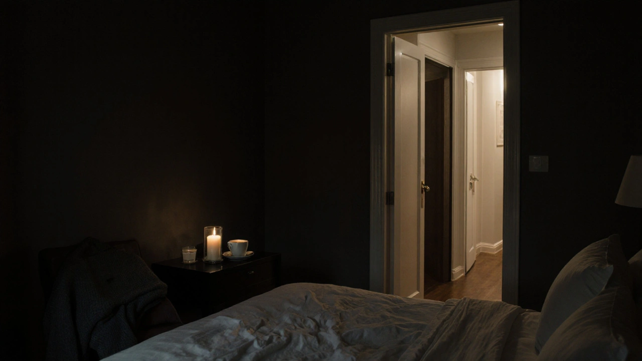 An empty hotel room at night with a candle, tea, and a folded sweater — quiet aftercare after a meaningful encounter.