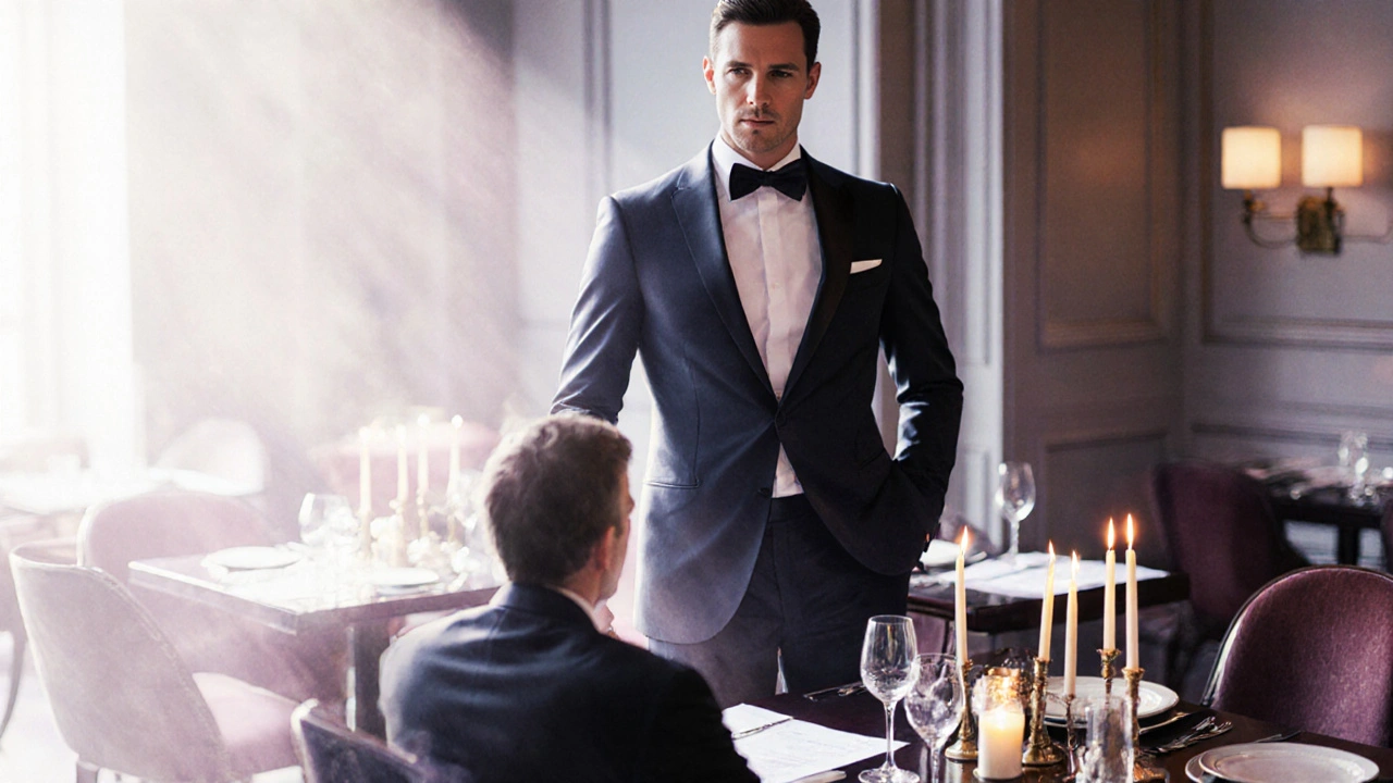 An escort and client dine together at an upscale London restaurant, exuding professionalism and discretion.