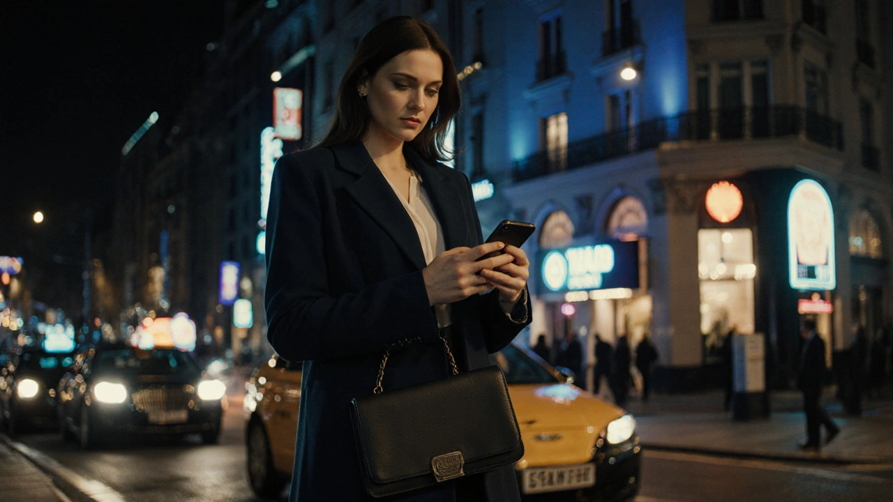 An independent escort standing confidently outside a London hotel at night, checking her phone.