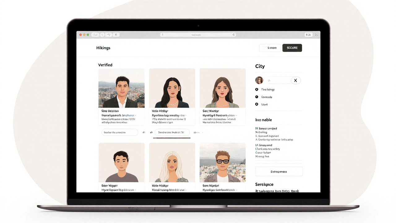 Clean website interface showing verified escort profiles with detailed bios and city filters.