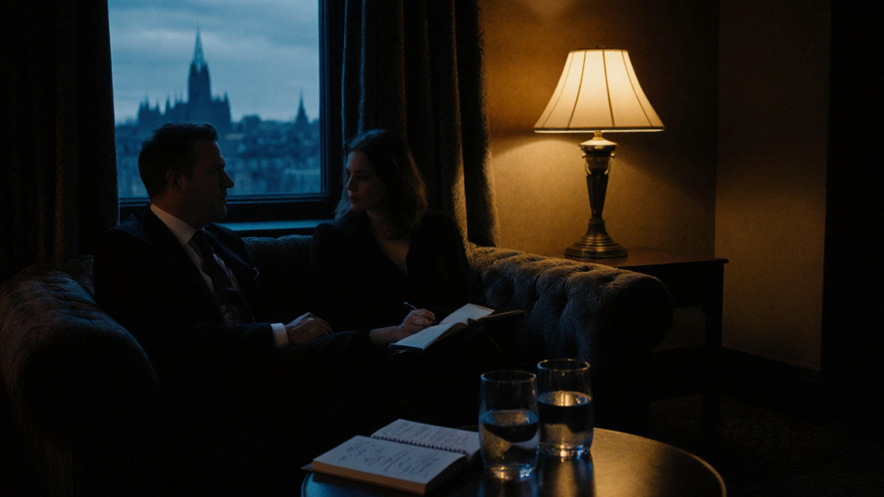 Client and escort sitting quietly in an Edinburgh hotel lounge, soft lighting, books and water on table.