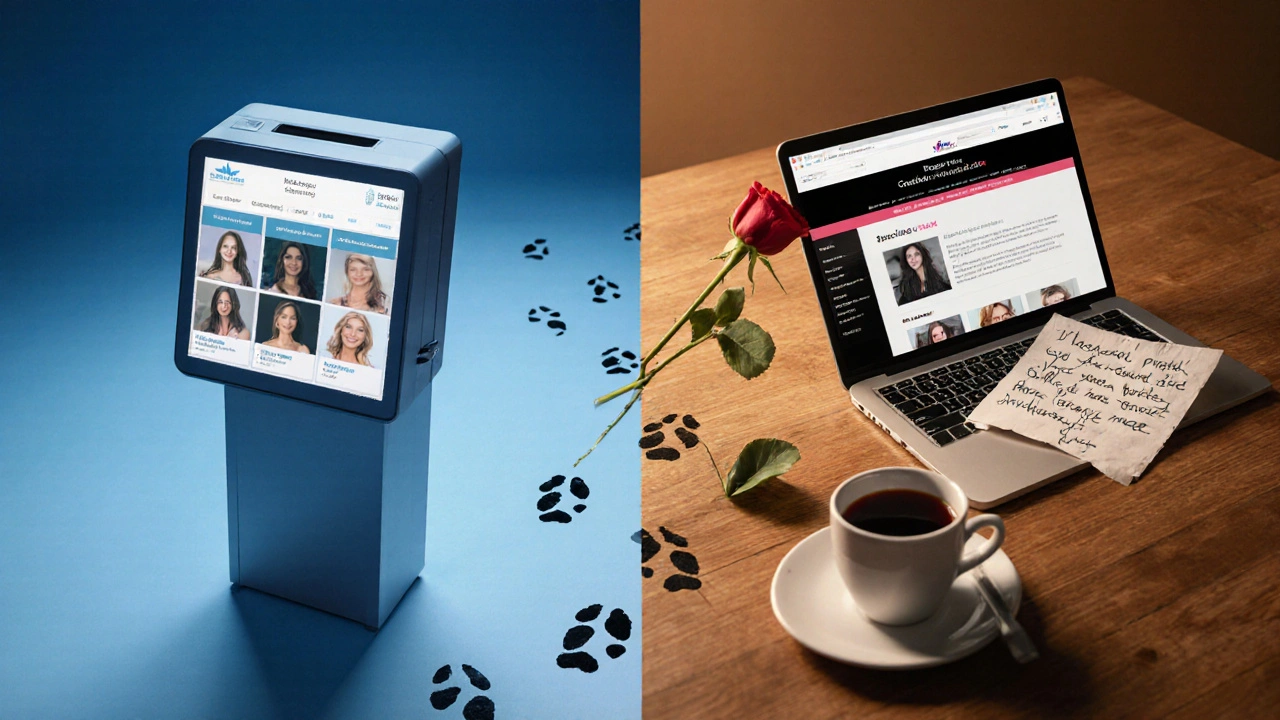 Contrasting scene: impersonal agency booking kiosk versus personal escort website with a coffee mug and rose.