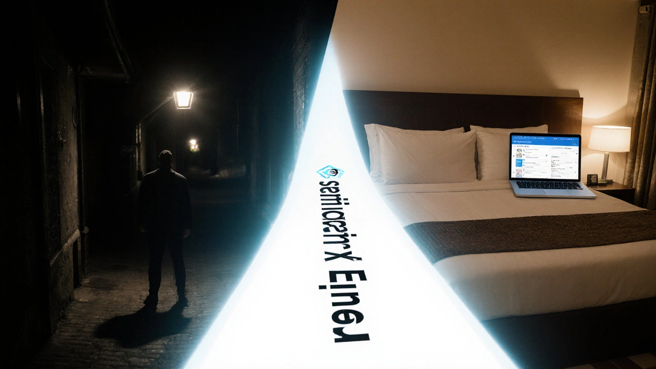 Contrasting scenes: dangerous alley on left, safe hotel room on right, connected by a path labeled &#039;Safety First&#039;.