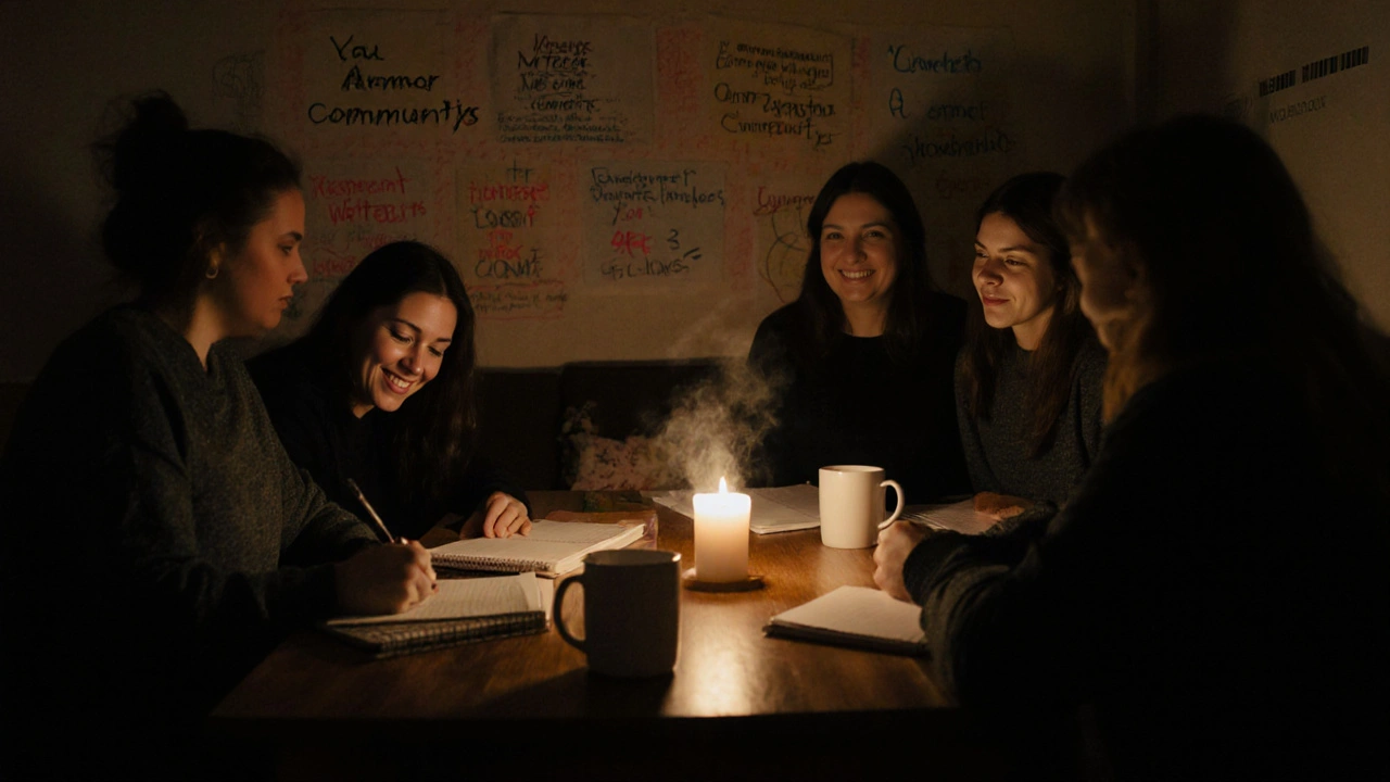 Group of sex workers gathered in a living room, writing in notebooks and sharing quiet moments of connection.