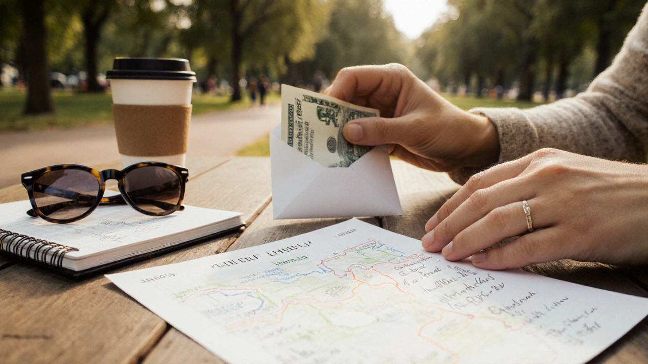 Hands placing cash on a table beside a walking itinerary and coffee cup in London.