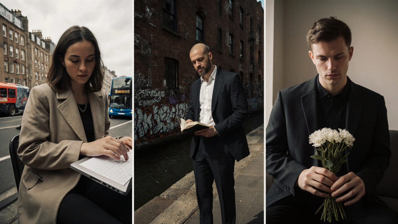 Independent professionals in East London going about their daily lives — café, bus stop, apartment — dressed in everyday attire.