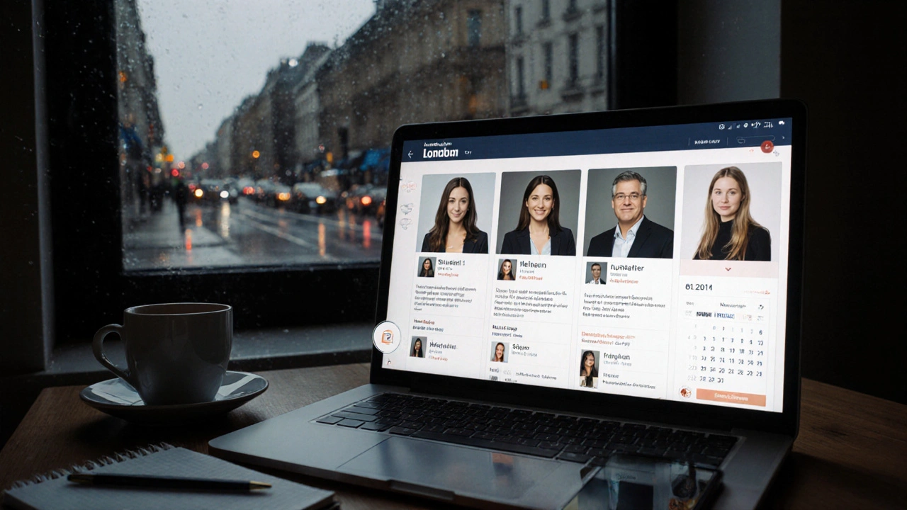 Laptop screen showing diverse escort profiles with a coffee cup and notebook on a desk in a rainy London night.