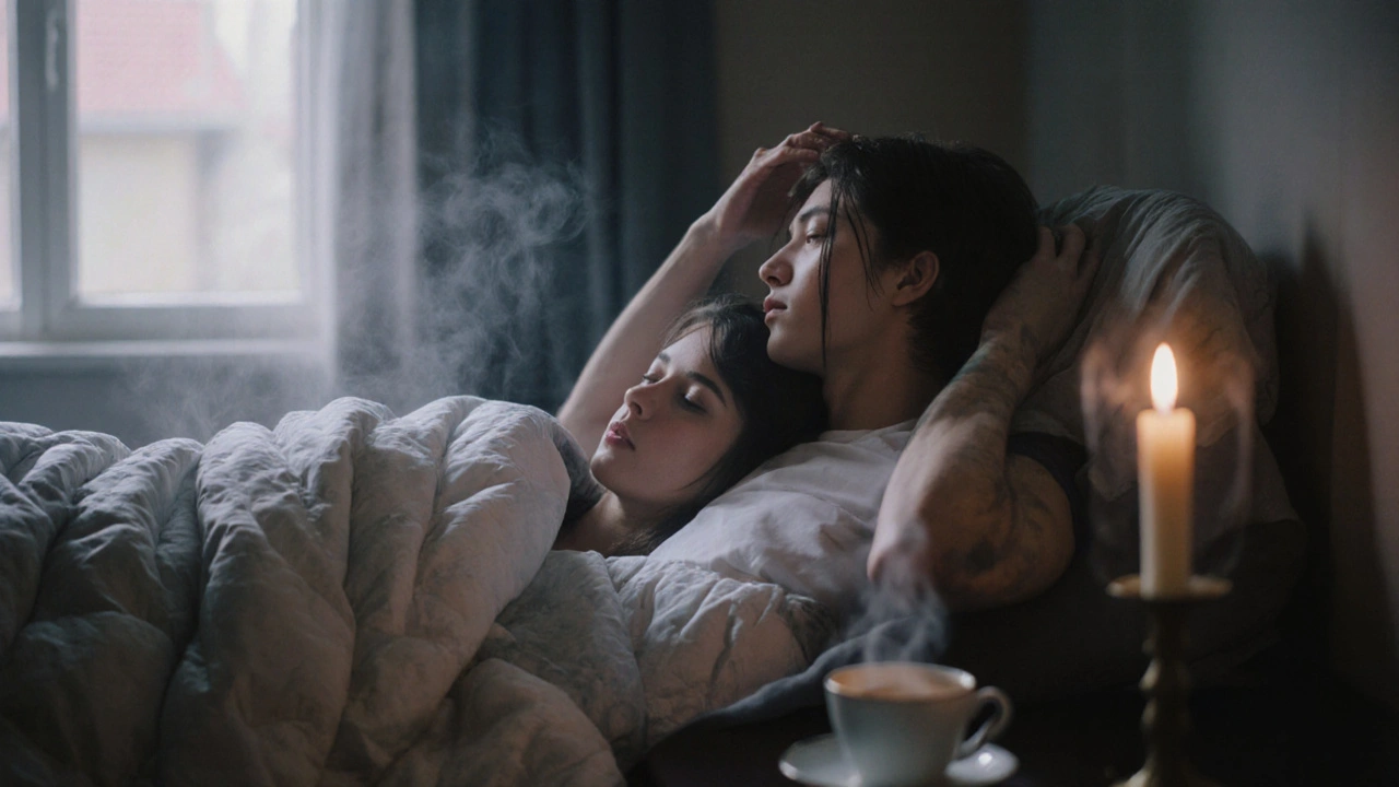 Lying together under a quilt, one person tenderly brushing hair from the other&#039;s face.