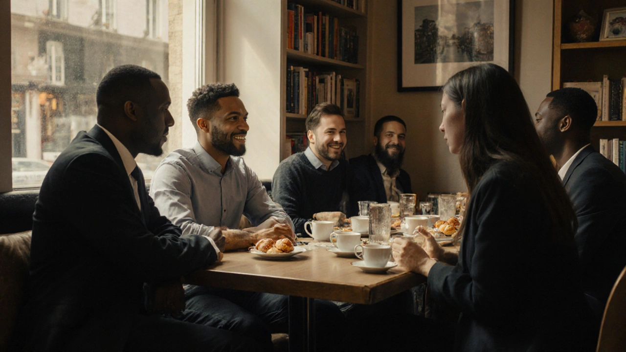 Men and a professional companion share quiet conversation over tea in a sunlit London café.